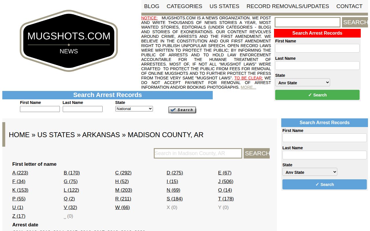 Madison County mugshot archive shown as an unofficial and stale arrest record source